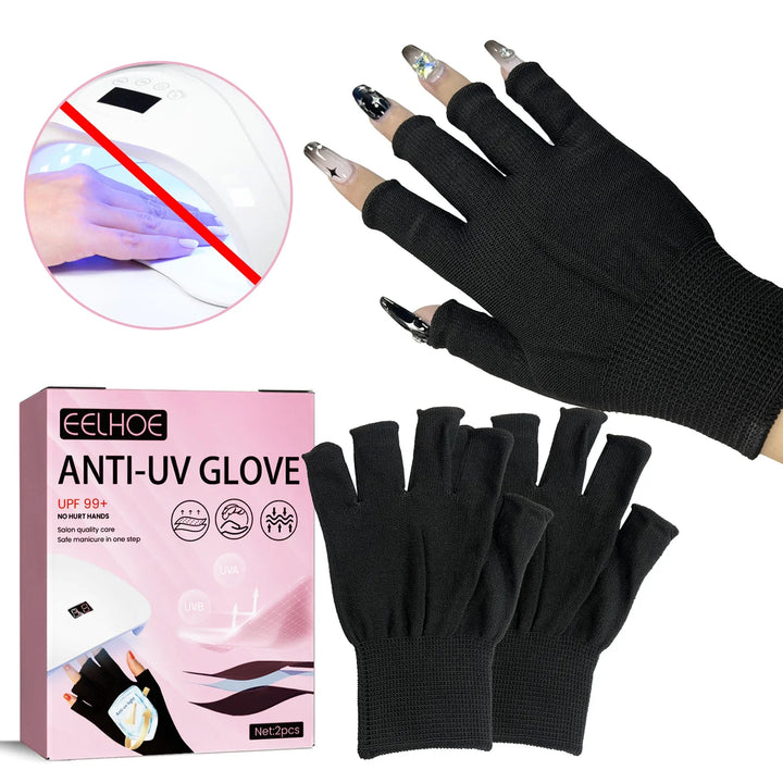 Black anti-UV fingerless gloves for safe manicure with UPF 99+ protection and nail salon care