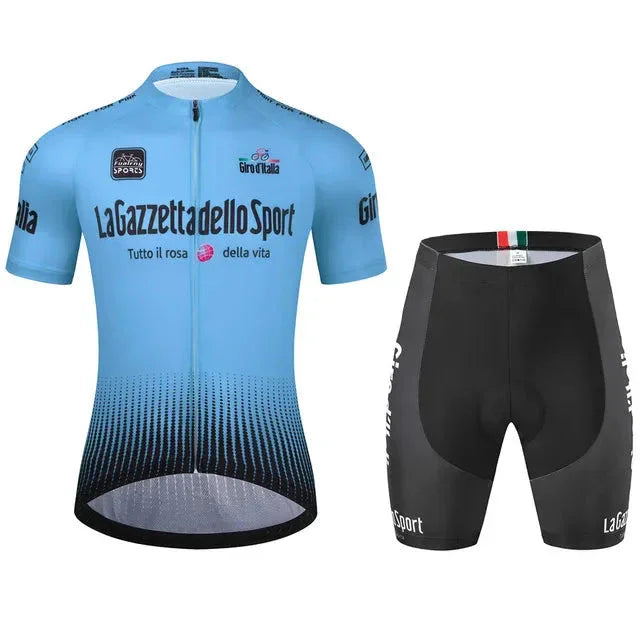Blue Giro d'Italia cycling jersey and black La Gazzetta dello Sport shorts set