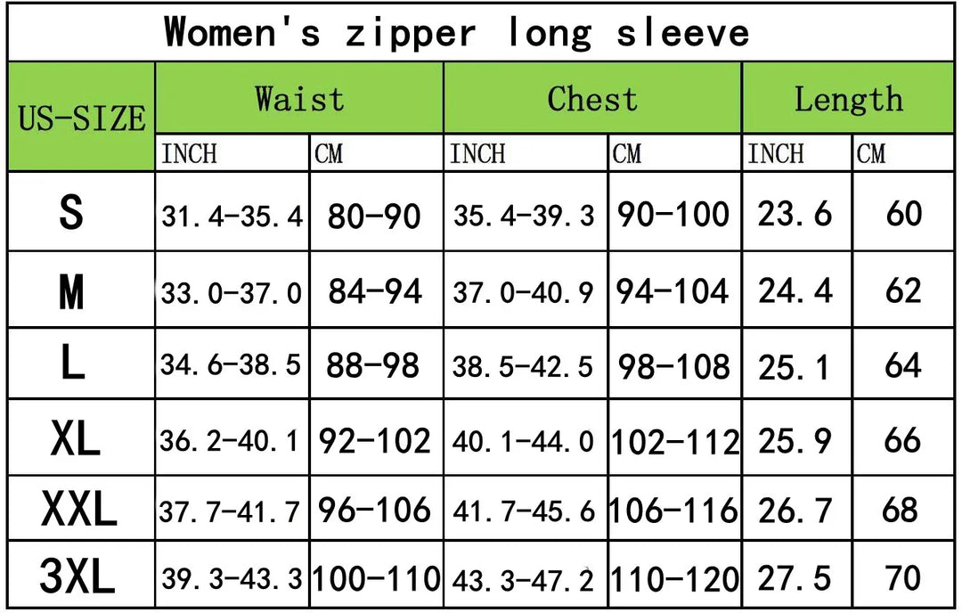 Women's zipper long sleeve size chart with waist, chest, and length measurements in inches and cm