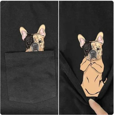 Black t-shirt with cute French bulldog peeking from pocket and full body cartoon hidden beneath