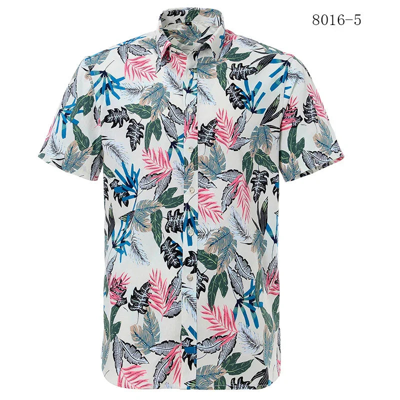 White short-sleeve button-up shirt with multicolor tropical leaf print in pink, blue, green, and black