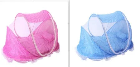 Collapsible baby mosquito nets in pink and blue with breathable mesh and cushioned base