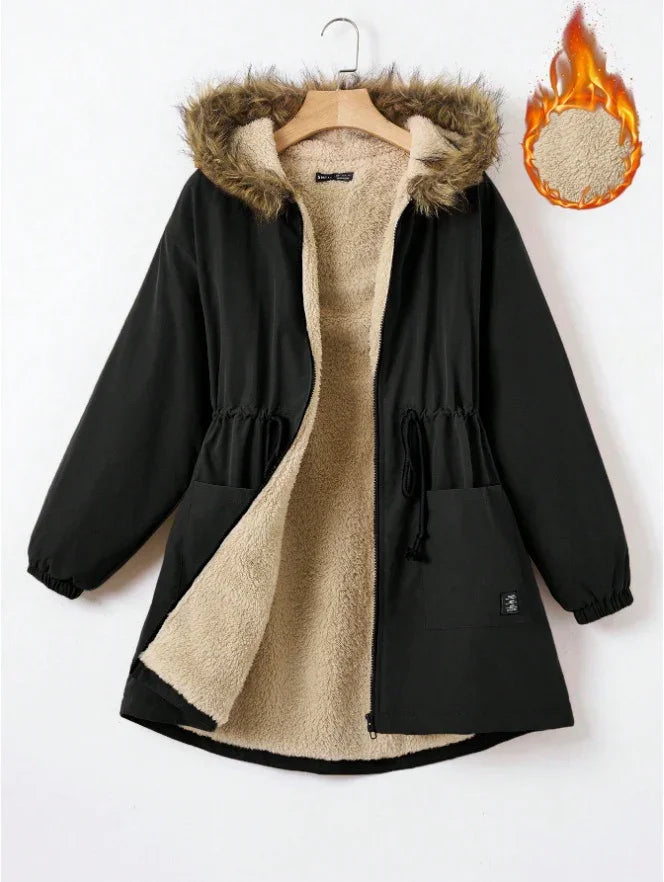 Black winter parka with faux fur hood and beige sherpa fleece lining for women