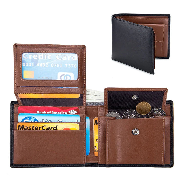 Black and brown leather wallet open showing credit card slots, coin pocket with coins, and cash compartment