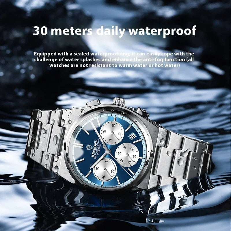 BINBOND stainless steel waterproof wristwatch with blue dial and chronograph on water surface