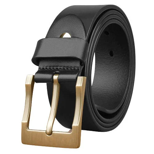 Black leather belt with gold rectangular buckle rolled up on white background