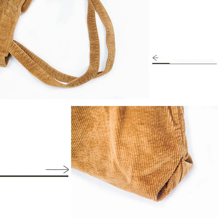 Close-up of brown corduroy fabric bag with padded straps on white background