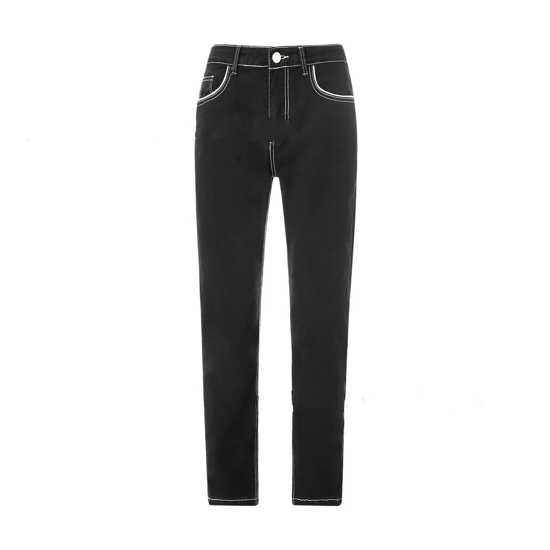 Black high-waisted slim jeans with white contrast stitching and front pockets