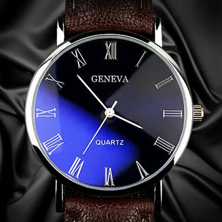 Geneva quartz wristwatch with black and blue dial, silver Roman numerals, and brown leather strap