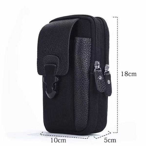 Compact black multi-pocket utility pouch with zipper and buckle, measuring 18x10x5 cm