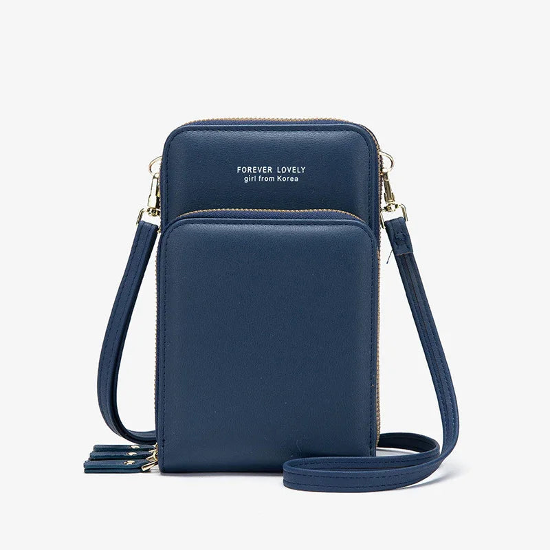 Navy blue crossbody phone bag with front pocket and gold zipper, text Forever Lovely girl from Korea