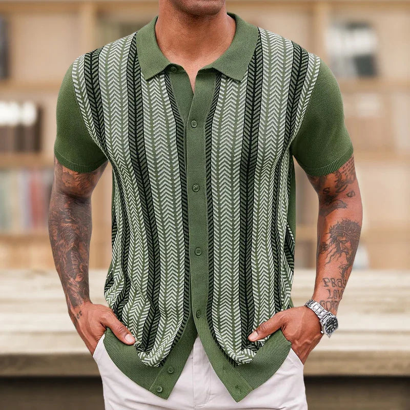Man wearing green short-sleeve knit shirt with vertical herringbone stripes and buttons