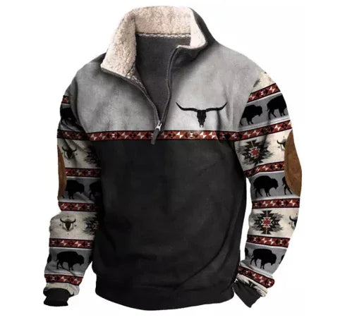 Western cowboy quarter-zip fleece jacket with native patterns, buffalo and bull graphics, and shearling collar