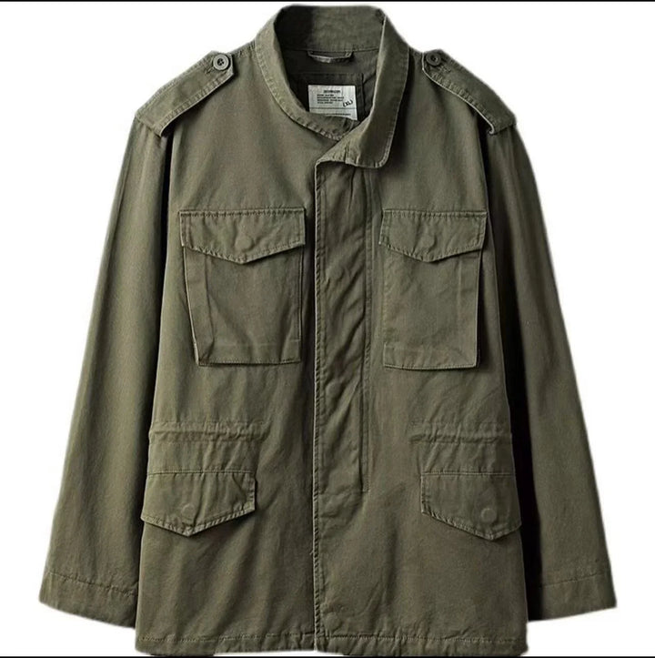 Olive green military jacket with buttoned shoulder epaulets and four front flap pockets