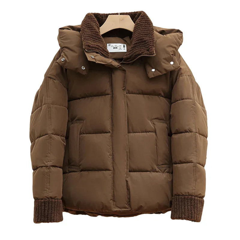 Brown padded winter jacket with knitted cuffs and collar on wooden hanger