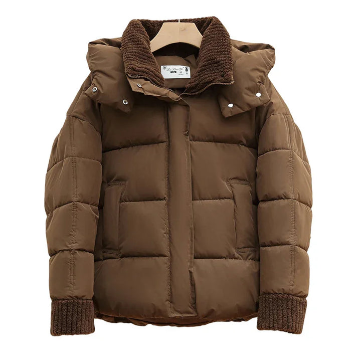 Brown padded winter jacket with knitted cuffs and collar on wooden hanger