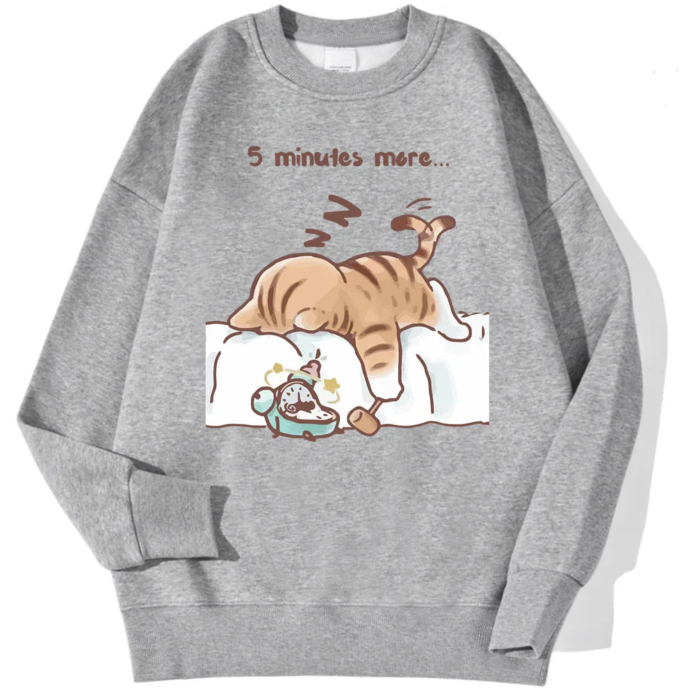 Gray sweatshirt with cartoon cat sleeping on bed and vintage alarm clock, text '5 minutes more'