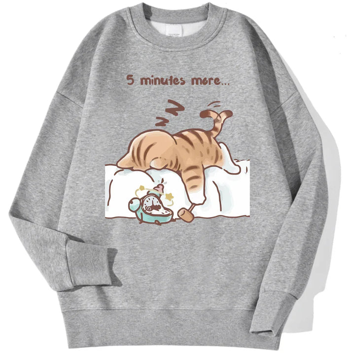 Gray sweatshirt with cartoon cat sleeping on bed and vintage alarm clock, text '5 minutes more'