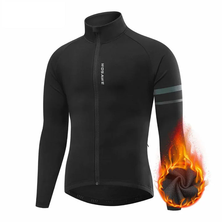 Black thermal cycling jacket with zipper, WOSAWE logo, and heated fleece graphic on sleeve
