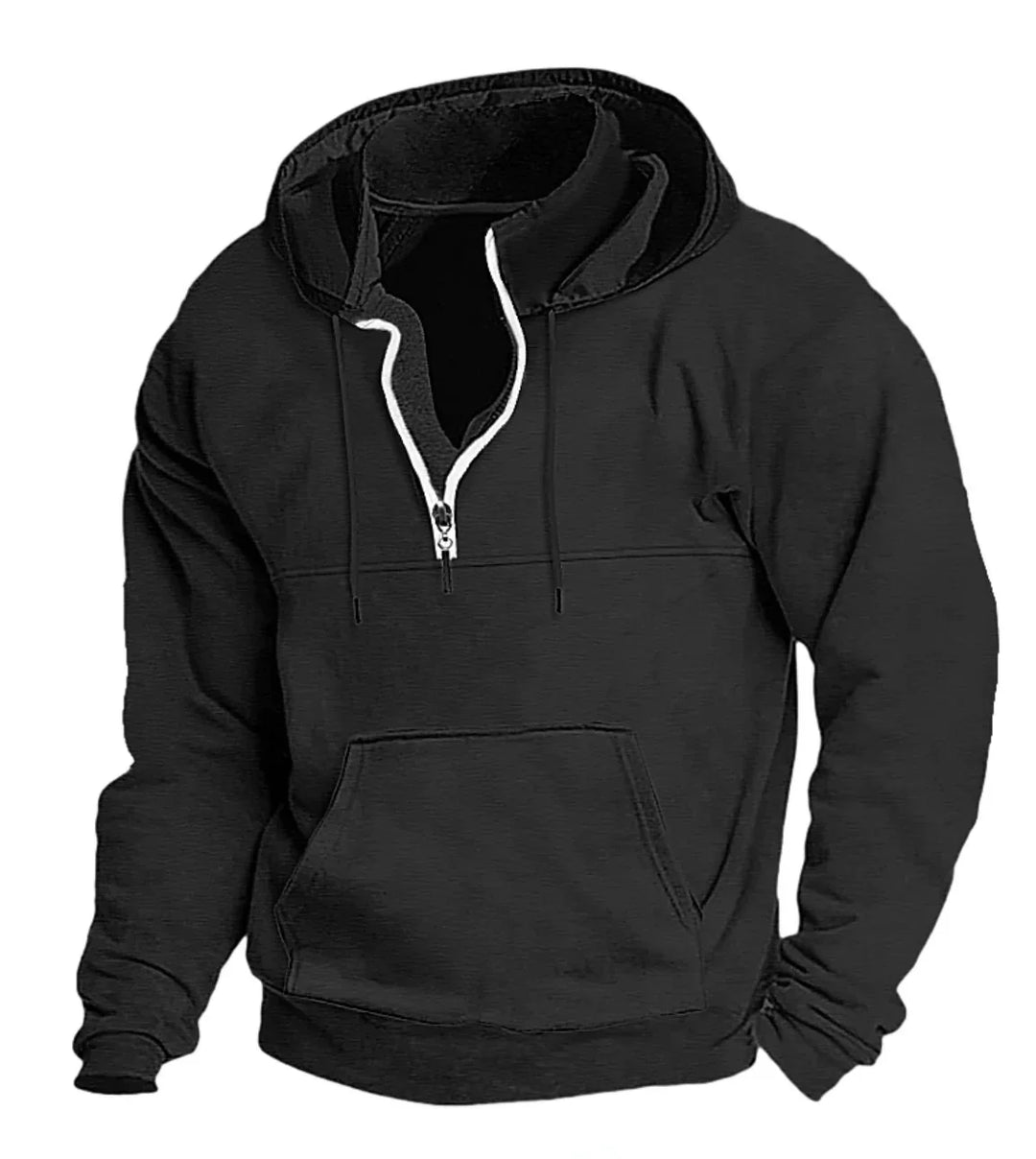 Black hoodie with white half zipper, drawstrings, and front kangaroo pocket