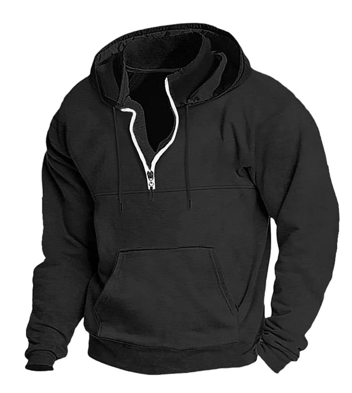 Black hoodie with white half zipper, drawstrings, and front kangaroo pocket