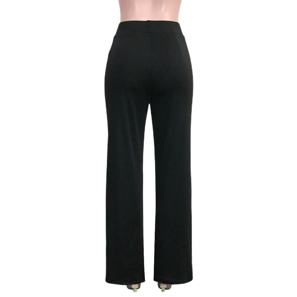 Back view of black high-waisted straight leg pants on mannequin with white background