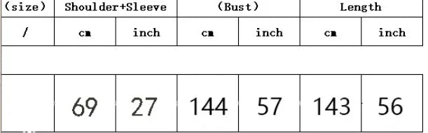 Clothing size chart displaying measurements for shoulder plus sleeve, bust, and length in cm and inches
