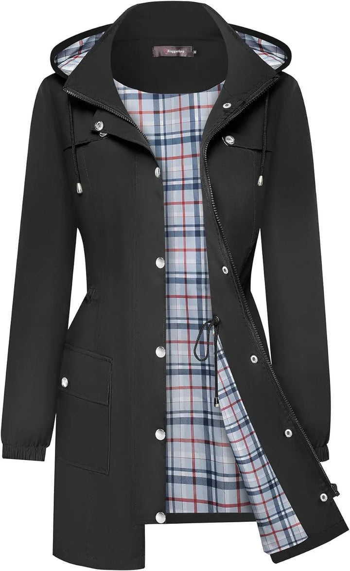 Black hooded raincoat with button and zipper closure, plaid lining, and front pocket
