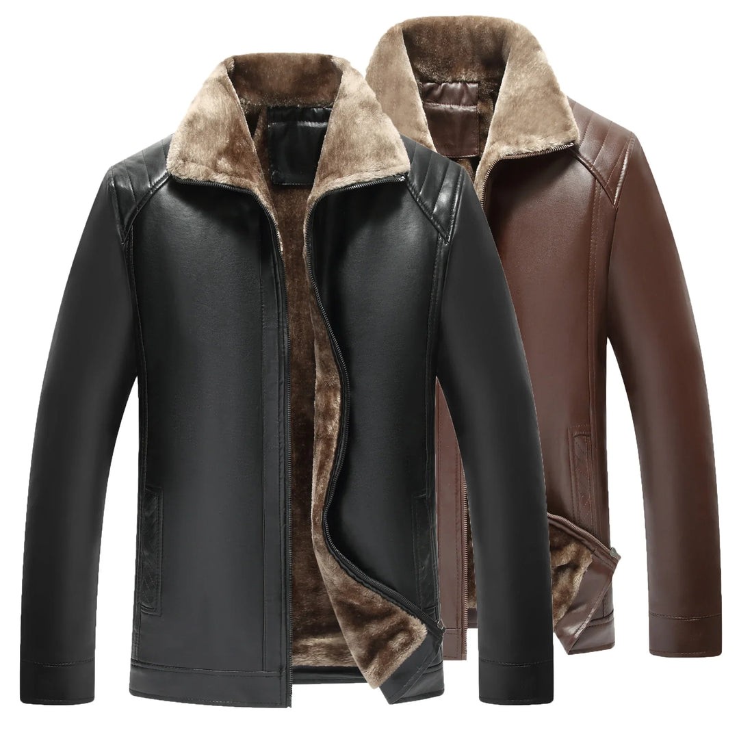 Black and brown faux leather jackets with soft fur lining and collars for men