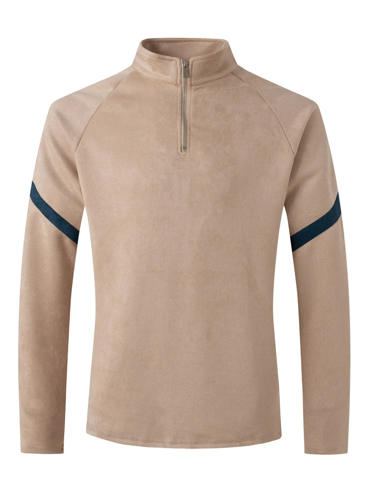 Beige quarter-zip fleece pullover with navy blue stripe detail on sleeves