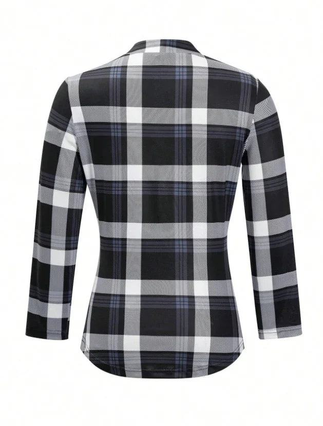 Back view of black, white, and gray plaid long-sleeve shirt with tailored fit
