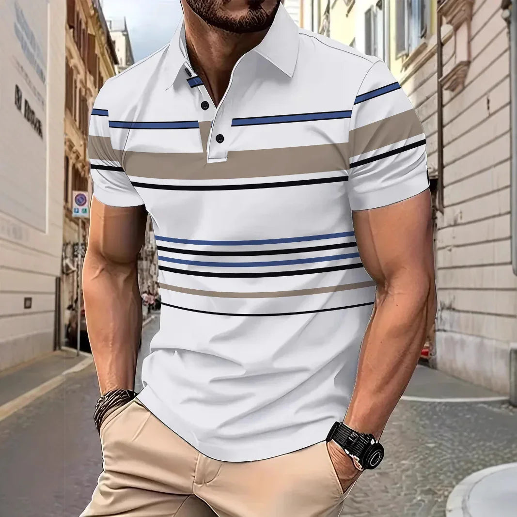Man wearing white polo shirt with horizontal blue, beige, and black stripes in urban street setting