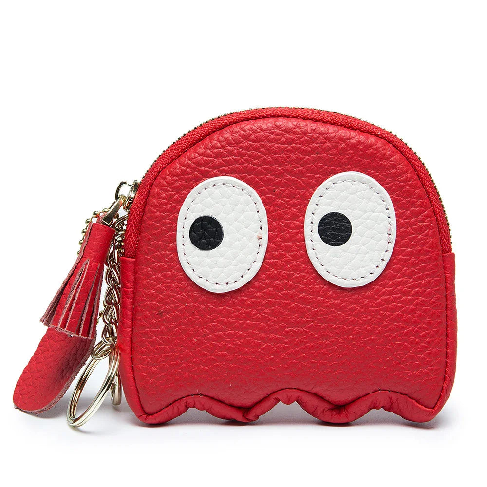 Red leather coin purse shaped like a Pac-Man ghost with white eyes and a zipper tassel