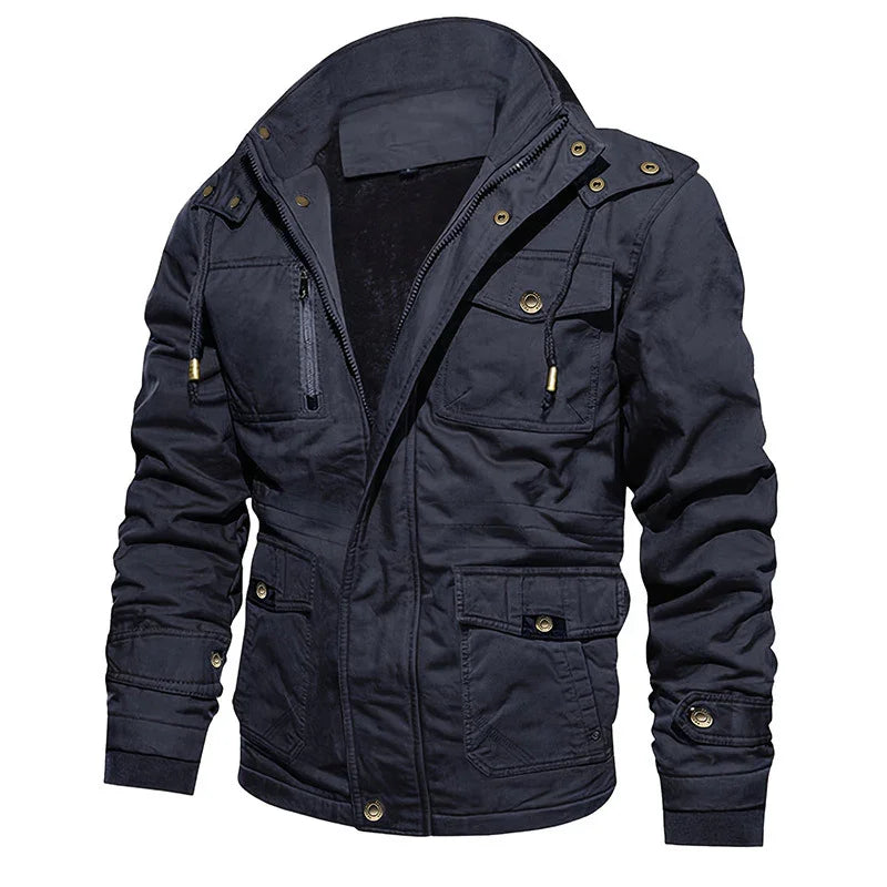 men's black casual zip-up jacket with multiple pockets and button details
