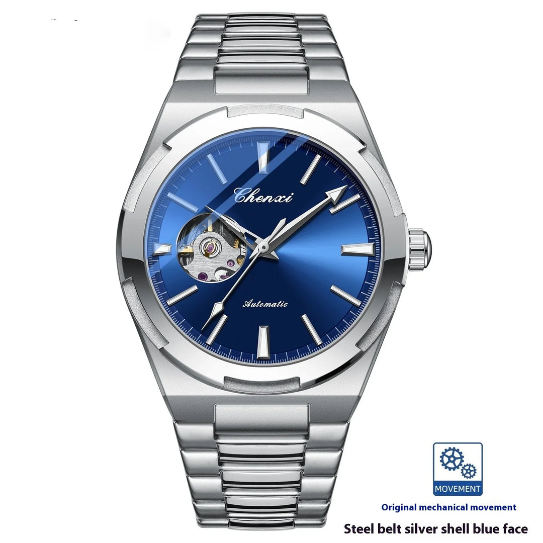Chenxi automatic wristwatch with blue dial, silver stainless steel band, and mechanical movement