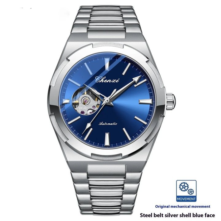 Chenxi automatic wristwatch with blue dial, silver stainless steel band, and mechanical movement