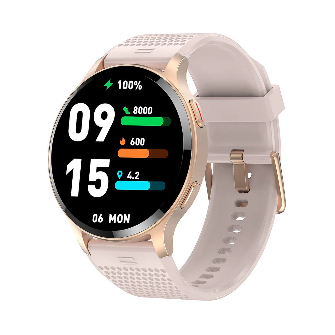 Rose gold smartwatch with white perforated silicone strap showing time, date, battery, steps, calories, and distance