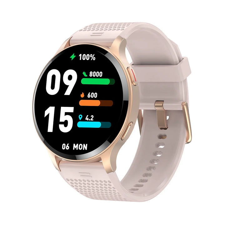 Rose gold smartwatch with white perforated silicone strap showing time, date, battery, steps, calories, and distance