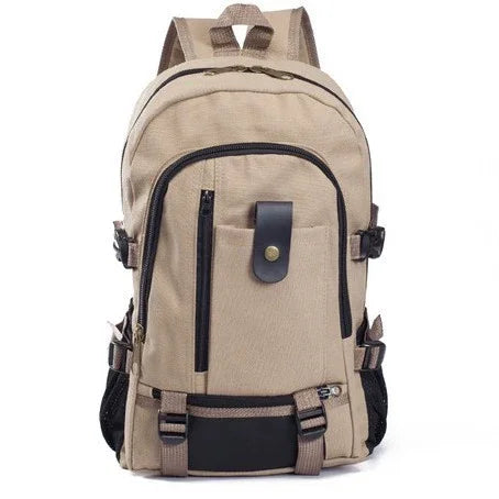 Beige canvas backpack with multiple zippered compartments and black buckle straps