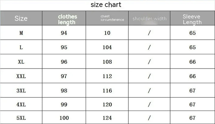Clothes size chart displaying measurements for M to 5XL including length, chest circumference, and sleeve length