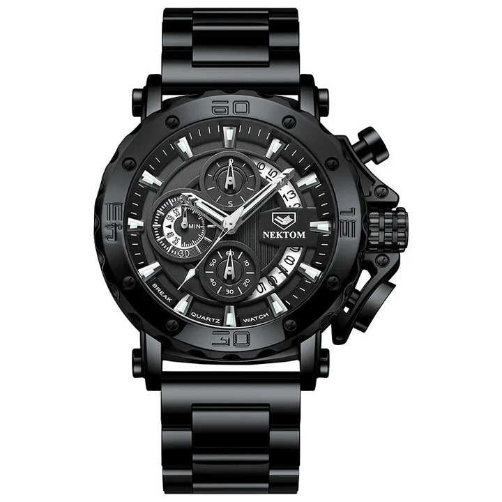 Black Nektom men's quartz chronograph watch with multiple subdials and metal bracelet