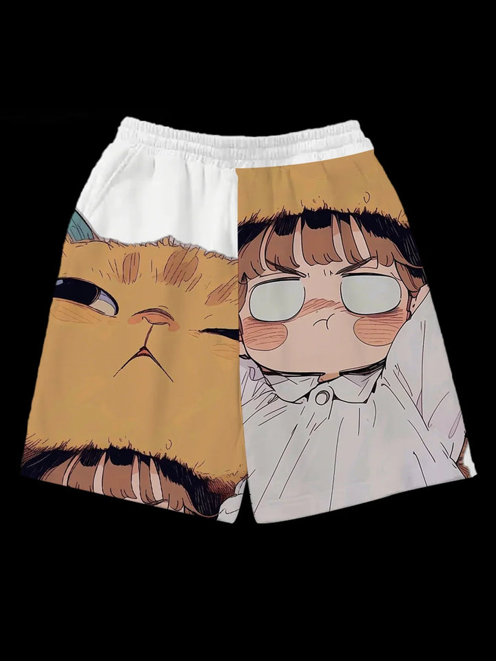 White shorts featuring cartoon artwork of a serious cat face and a framed boy with glasses and blush