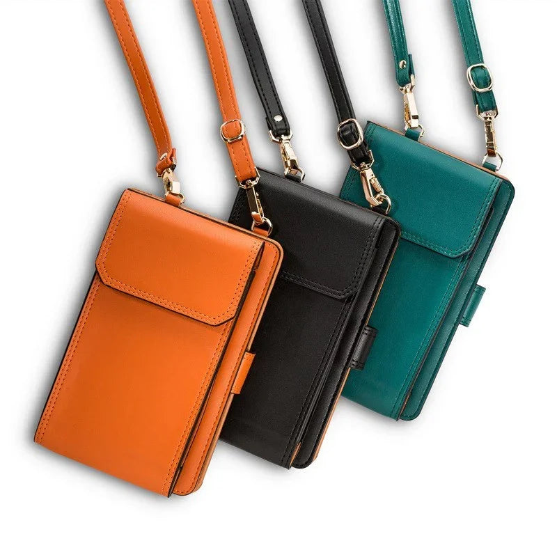 Three leather crossbody phone wallets in orange, black, and teal with adjustable straps and gold hardware