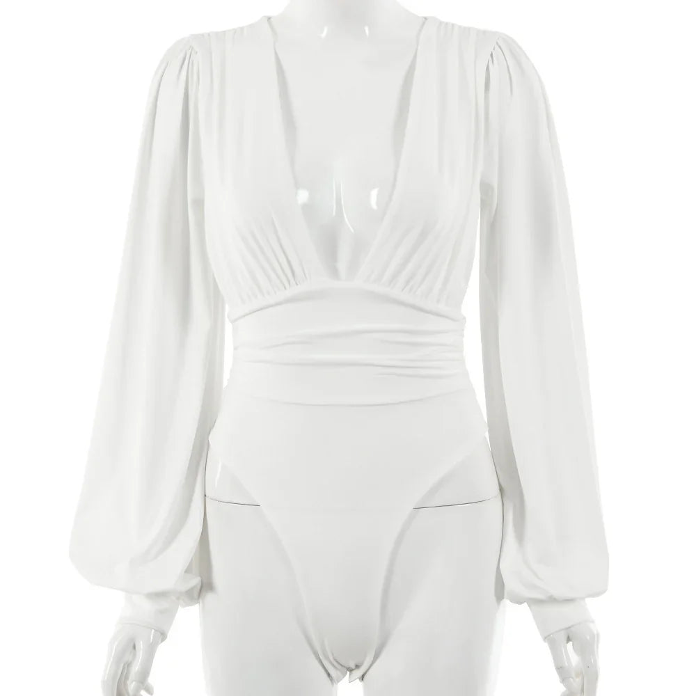White long sleeve bodysuit with deep V neckline and ruched front detail on mannequin