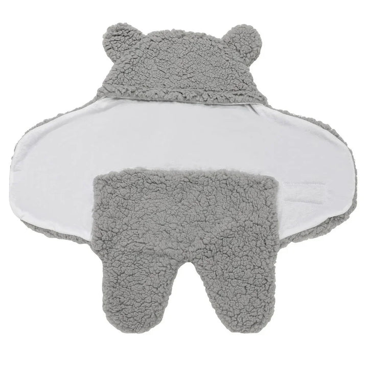 Grey sherpa baby swaddle blanket with hood and bear ears, soft and cozy infant wrap