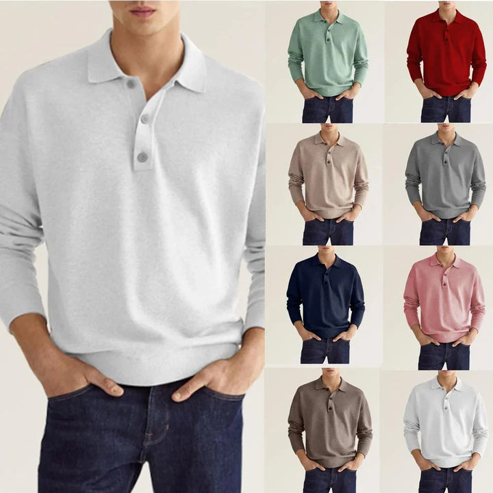 Male models showcasing long sleeve polo shirts in various colors including white, green, red, beige, gray, navy, pink, and brown