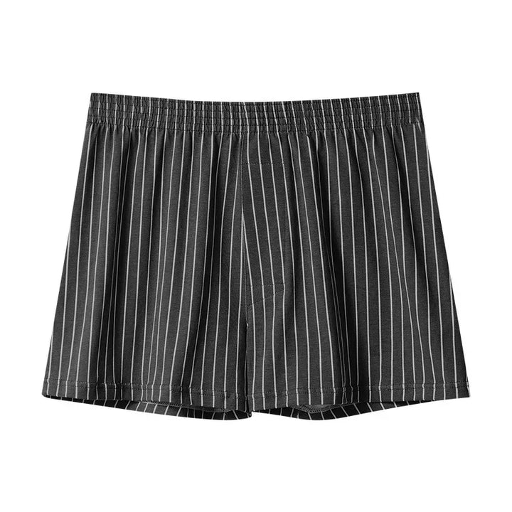 Black men's boxer shorts with white vertical pinstripes and elastic waistband