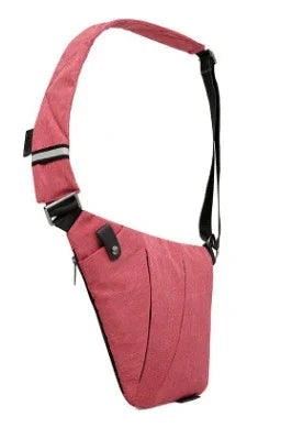 pink crossbody sling bag with adjustable strap and front pocket against white background