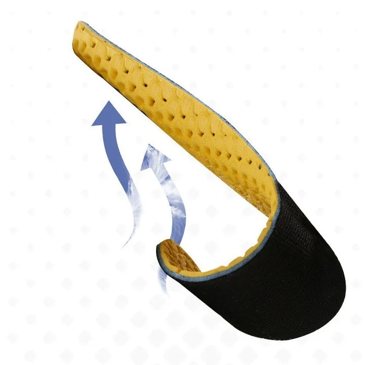 Black wrist brace with yellow breathable padding and airflow arrows showing ventilation