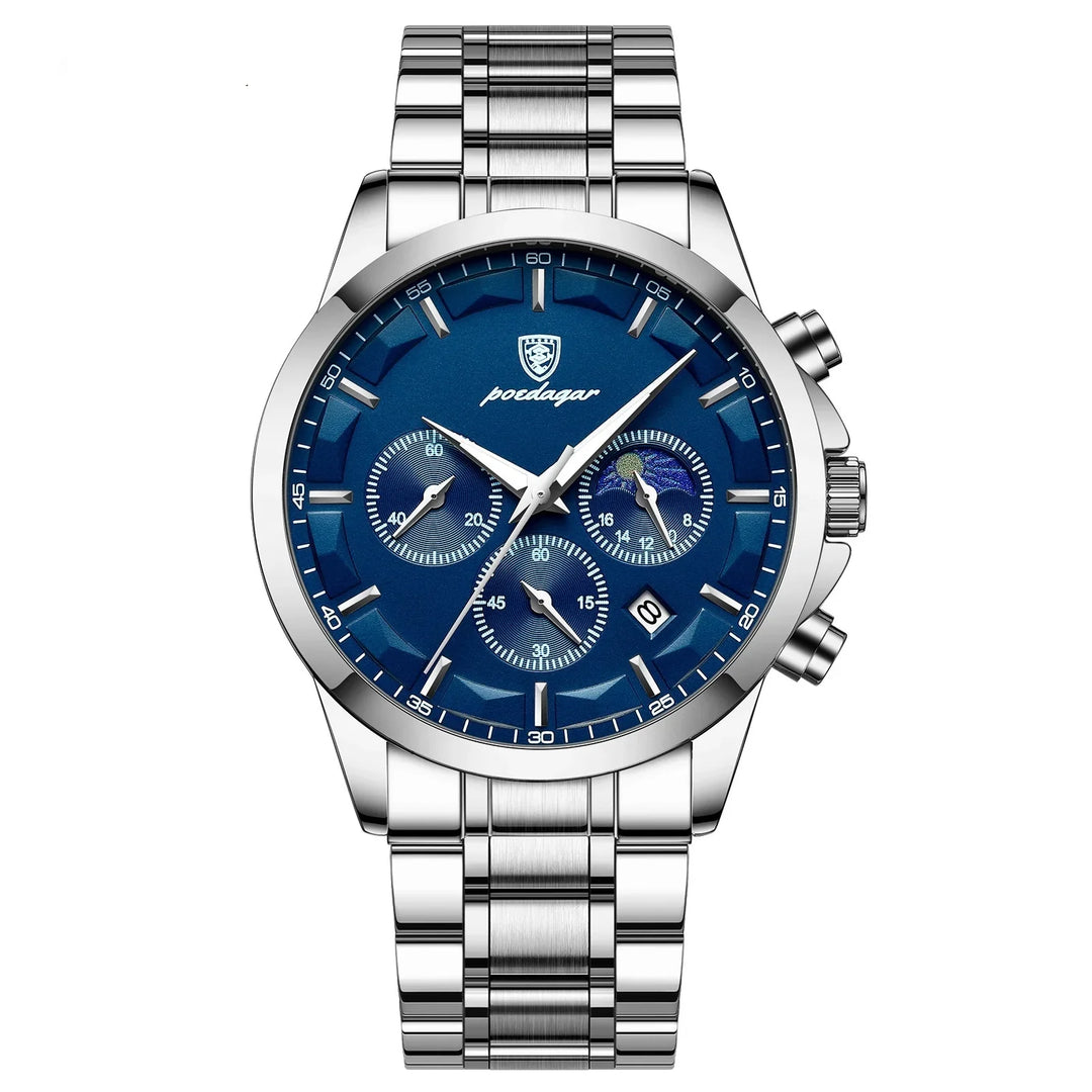 Silver stainless steel wristwatch with blue dial, three subdials, date window, and metal bracelet